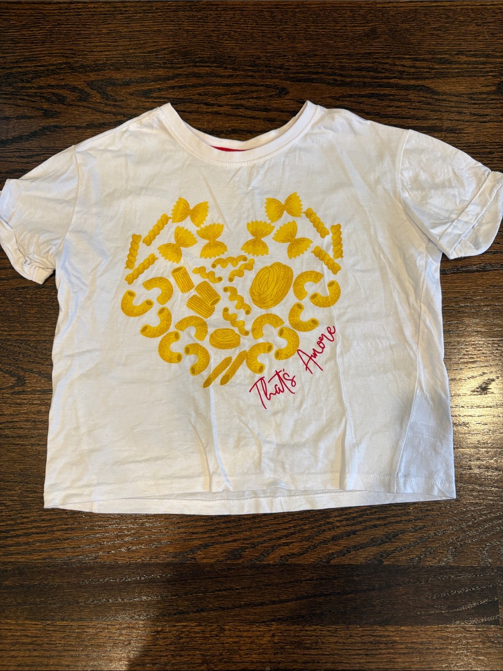 Kids White Tee with Yellow Heart Pasta Graphic by That's Amore
